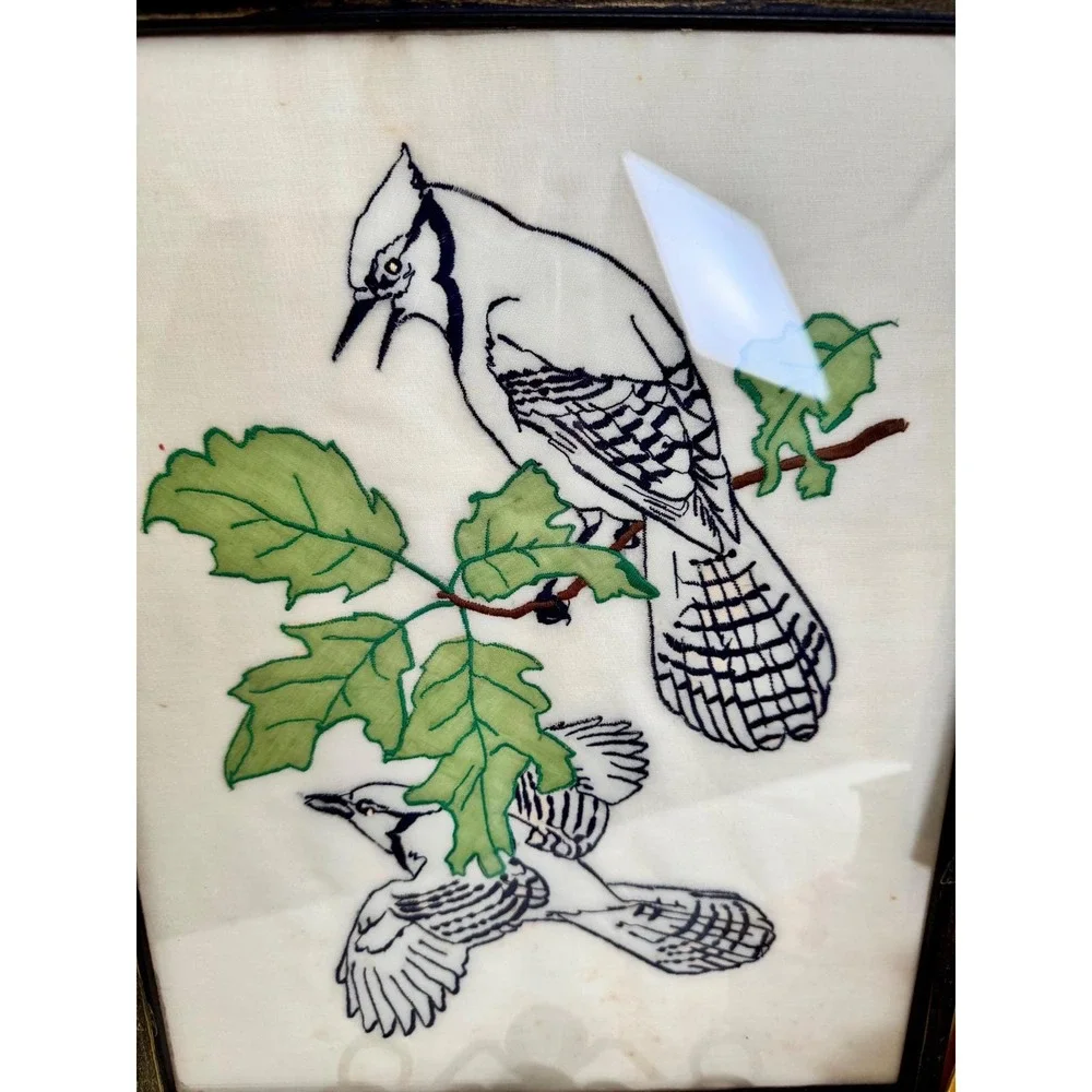 VTG Crow Bird Silk Embroidery Set 3 Wall Art Boho Whimsigoth Decor Framed